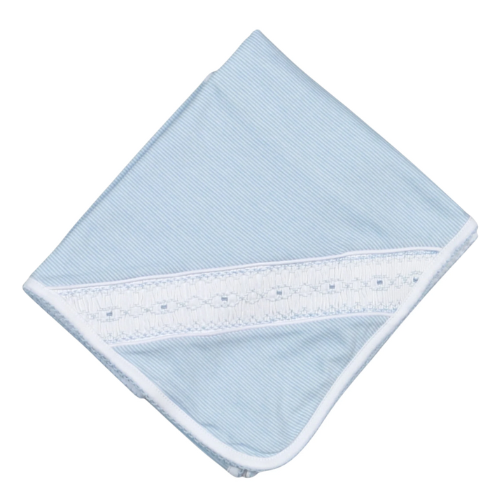 That Store Pima cotton baby receiving blanket with blue stripes and delicate white hand smocking detail.