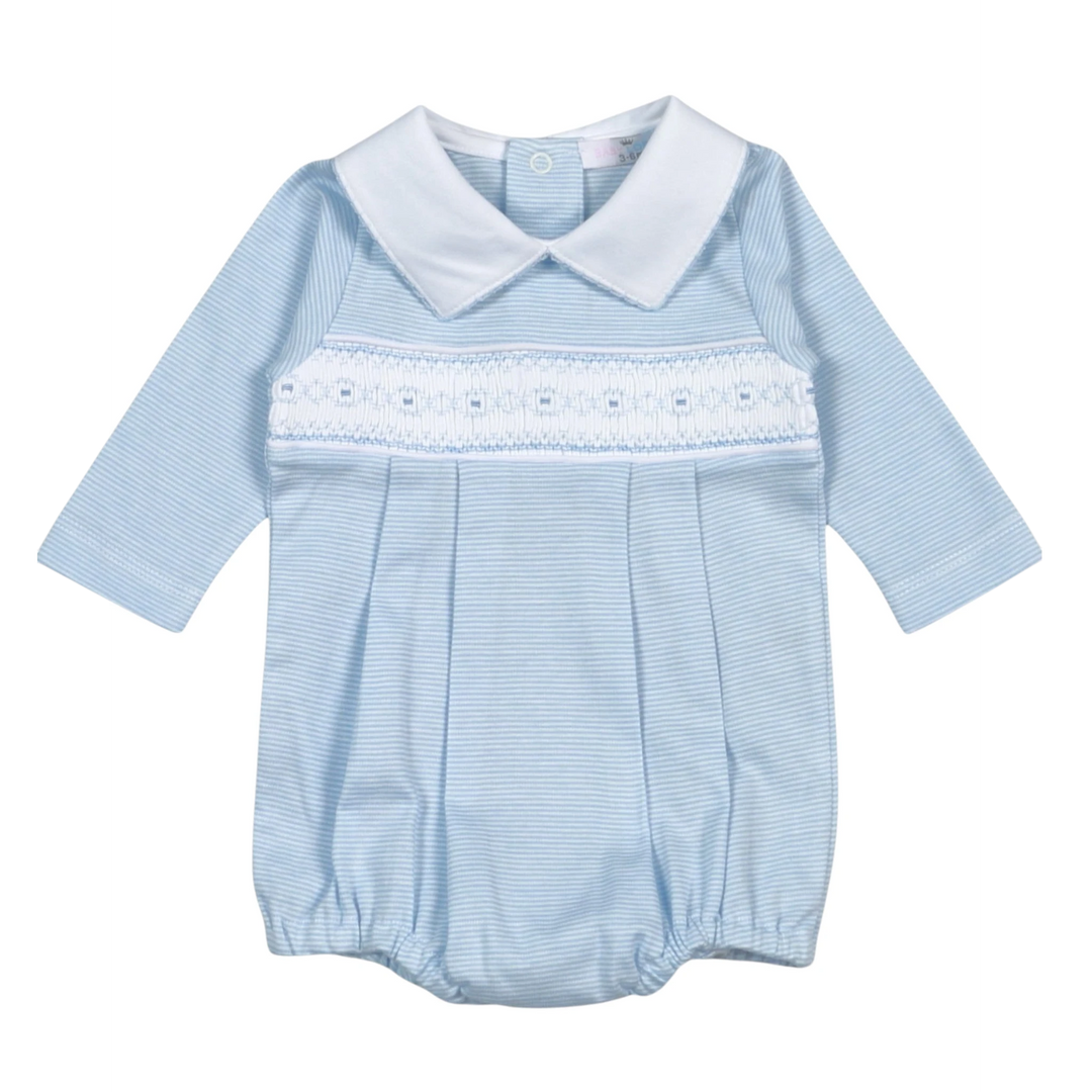 That Store hand smocked baby boy bubble in blue and white stripes made from soft Pima cotton with a peter pan collar.
