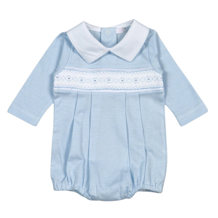 That Store hand smocked baby boy bubble in blue and white stripes made from soft Pima cotton with a peter pan collar.