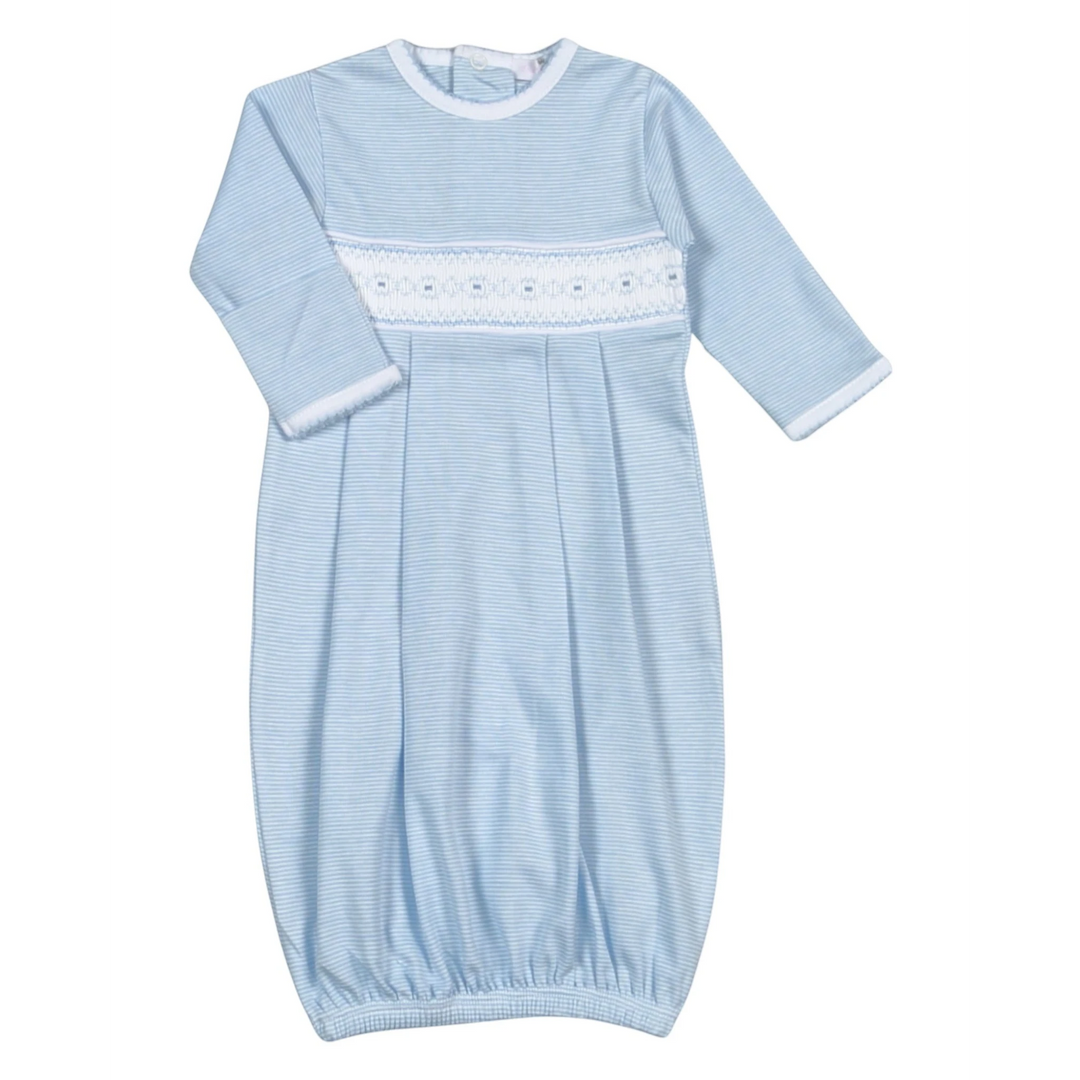 That Store newborn boy gown in soft blue striped pima cotton with delicate hand smocking and long sleeves.