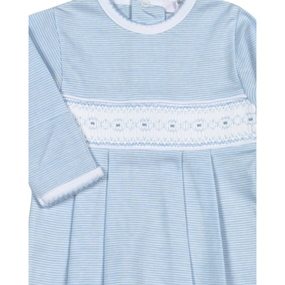 That Store newborn boys gown in soft blue stripes with delicate white hand smocking and pima cotton fabric.