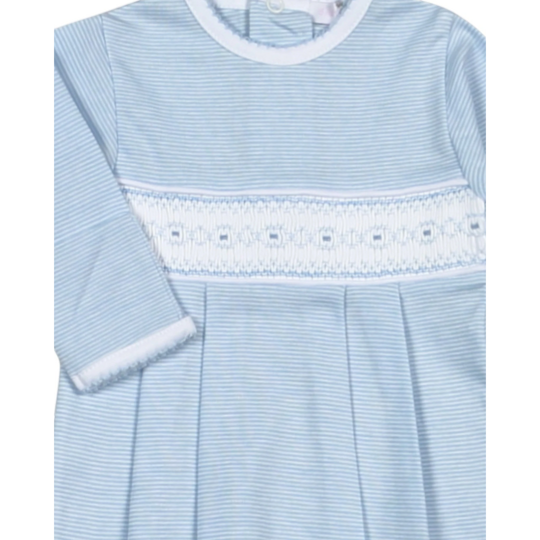 That Store newborn boys gown in soft blue stripes with delicate white hand smocking and pima cotton fabric.