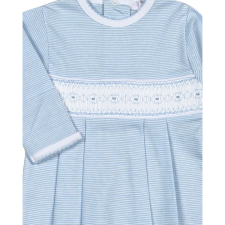 That Store newborn boys gown in soft blue stripes with delicate white hand smocking and pima cotton fabric.