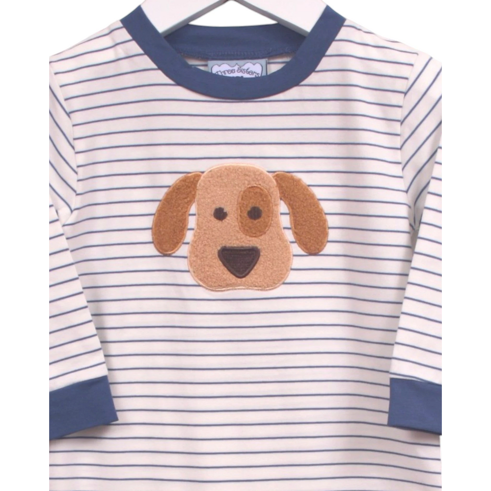 That Store boys blue striped cotton romper featuring a cute brown puppy applique on the chest