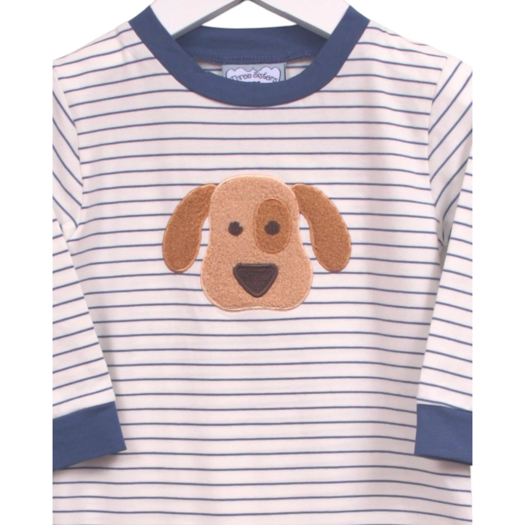 That Store boys blue striped cotton romper featuring a cute brown puppy applique on the chest