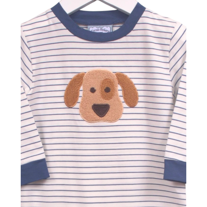 That Store boys blue striped cotton romper featuring a cute brown puppy applique on the chest