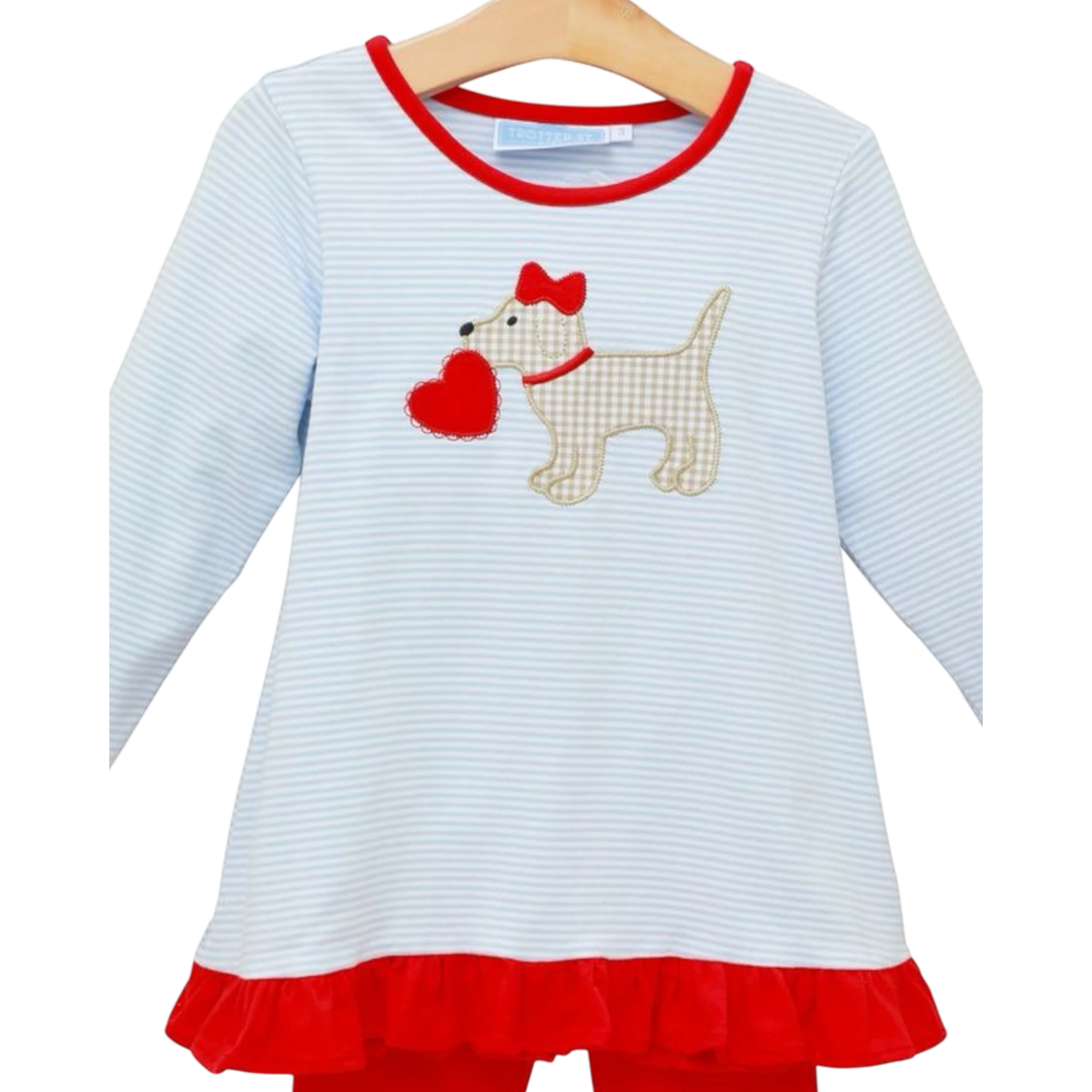 That Store girls blue striped long sleeve top with puppy and heart applique, red ruffle hem, and red neckline trim.