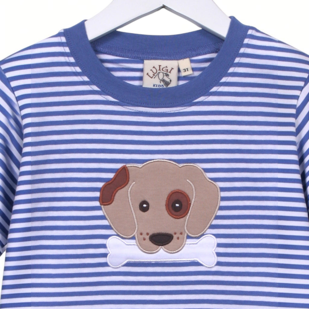 That Store blue and white striped cotton t-shirt for boys featuring a cute puppy with bone applique design.