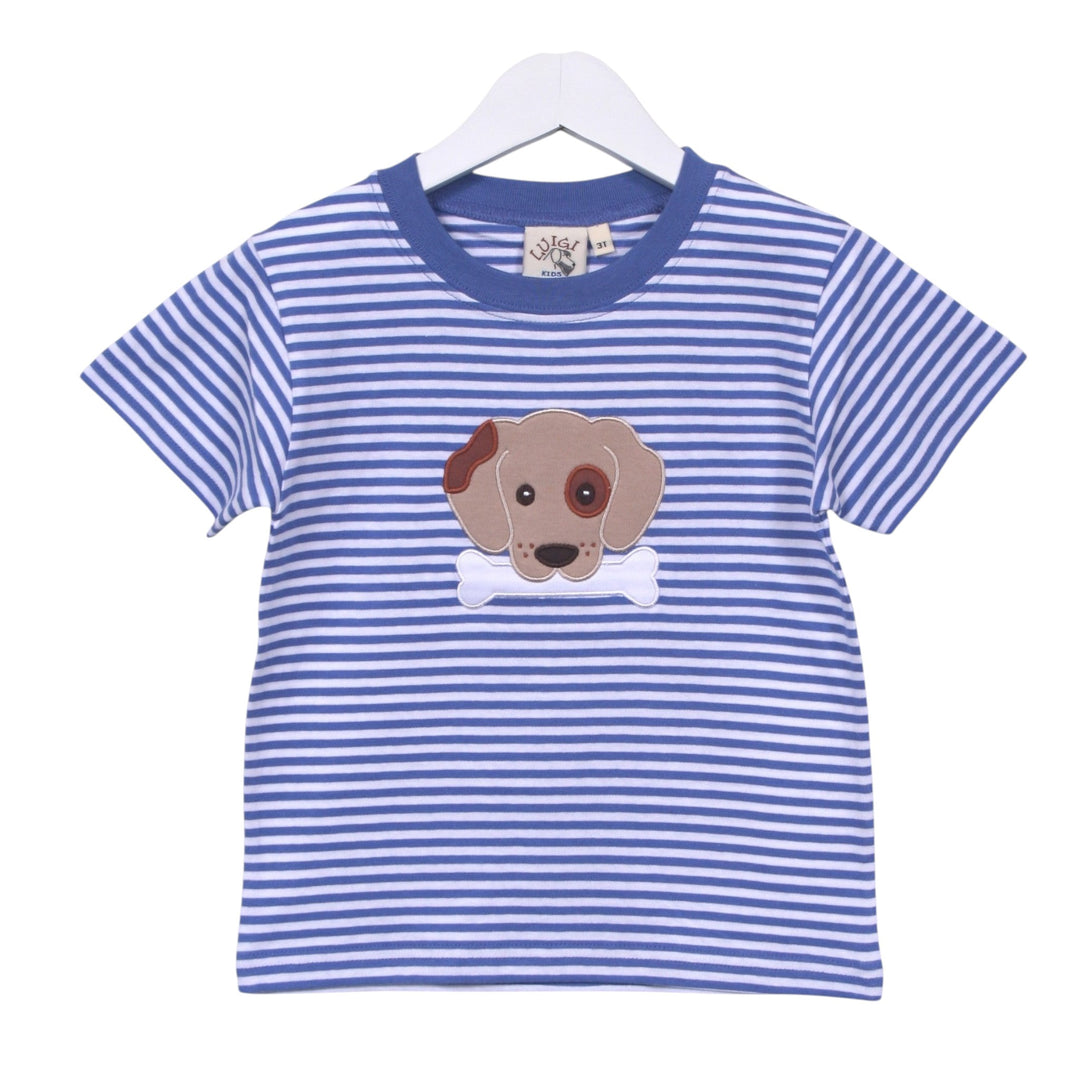 That Store blue and white striped cotton t-shirt featuring a cute puppy and bone applique for boys.