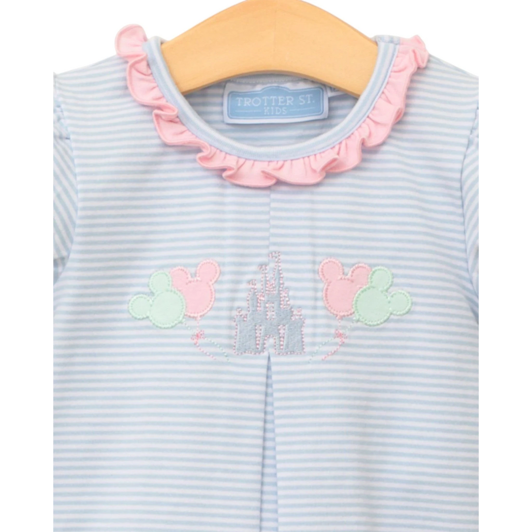 That Store girls blue striped shirt with pink ruffle collar and embroidered Disney castle and balloon design