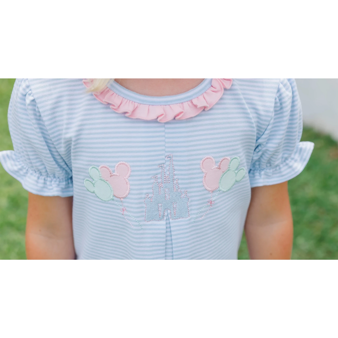 That Store girls blue striped top with pink ruffle collar and embroidered castle and balloon design
