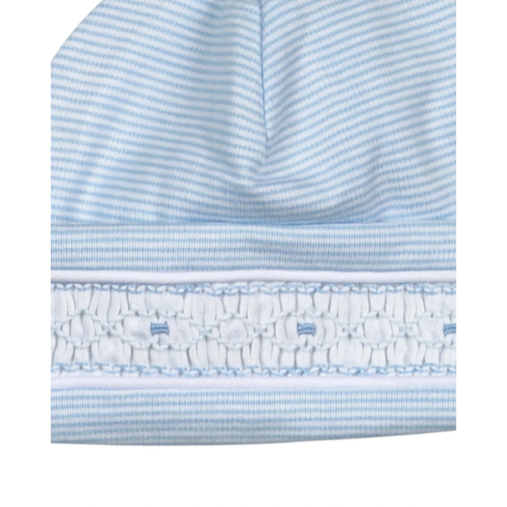 That Store baby boy beanie in soft blue and white stripes with intricate hand smocked detailing on the brim.