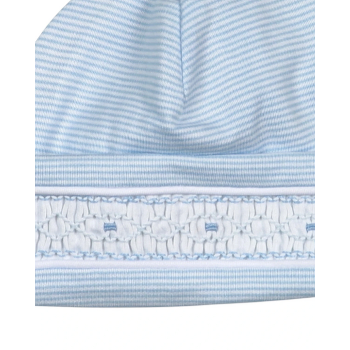 That Store baby boy beanie in soft blue and white stripes with intricate hand smocked detailing on the brim.