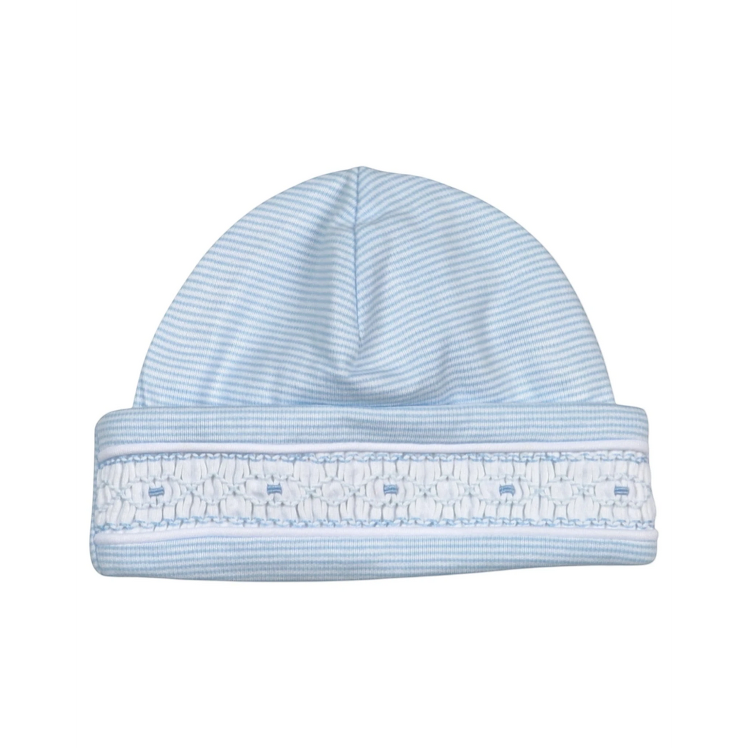 That Store baby boy beanie in soft blue stripes with white hand smocked detailing on the folded brim