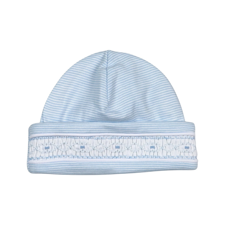 That Store baby boy beanie in soft blue stripes with white hand smocked detailing on the folded brim