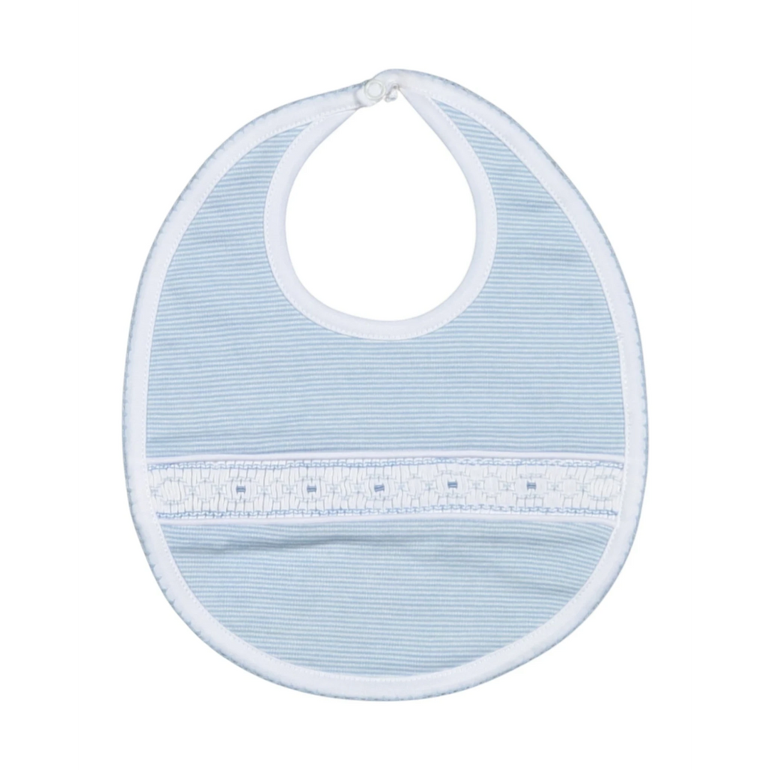 That Store hand smocked baby bib in Tim blue stripes made from soft pima cotton with delicate white trim.