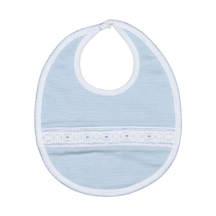 That Store hand smocked baby bib in Tim blue stripes made from soft pima cotton with delicate white trim.