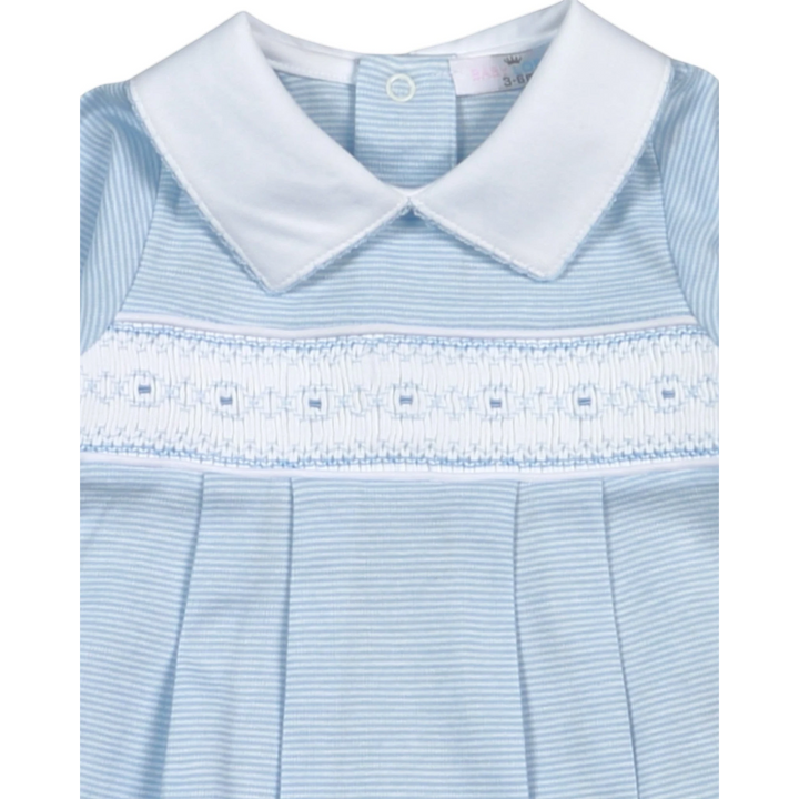 That Store boys bubble in soft blue striped Pima cotton with a white collar and intricate hand smocked detailing.