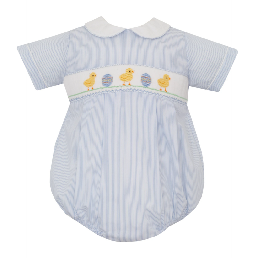 That Store baby boy blue striped bubble with hand-smocked bodice featuring embroidered Easter chicks and eggs