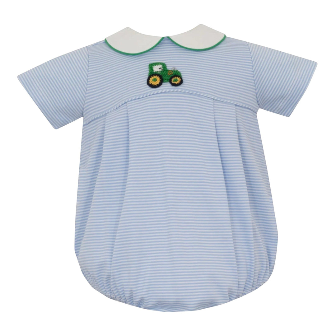 That Store boys bubble in blue and white stripes with a handcrafted green crocheted tractor and white peter pan collar