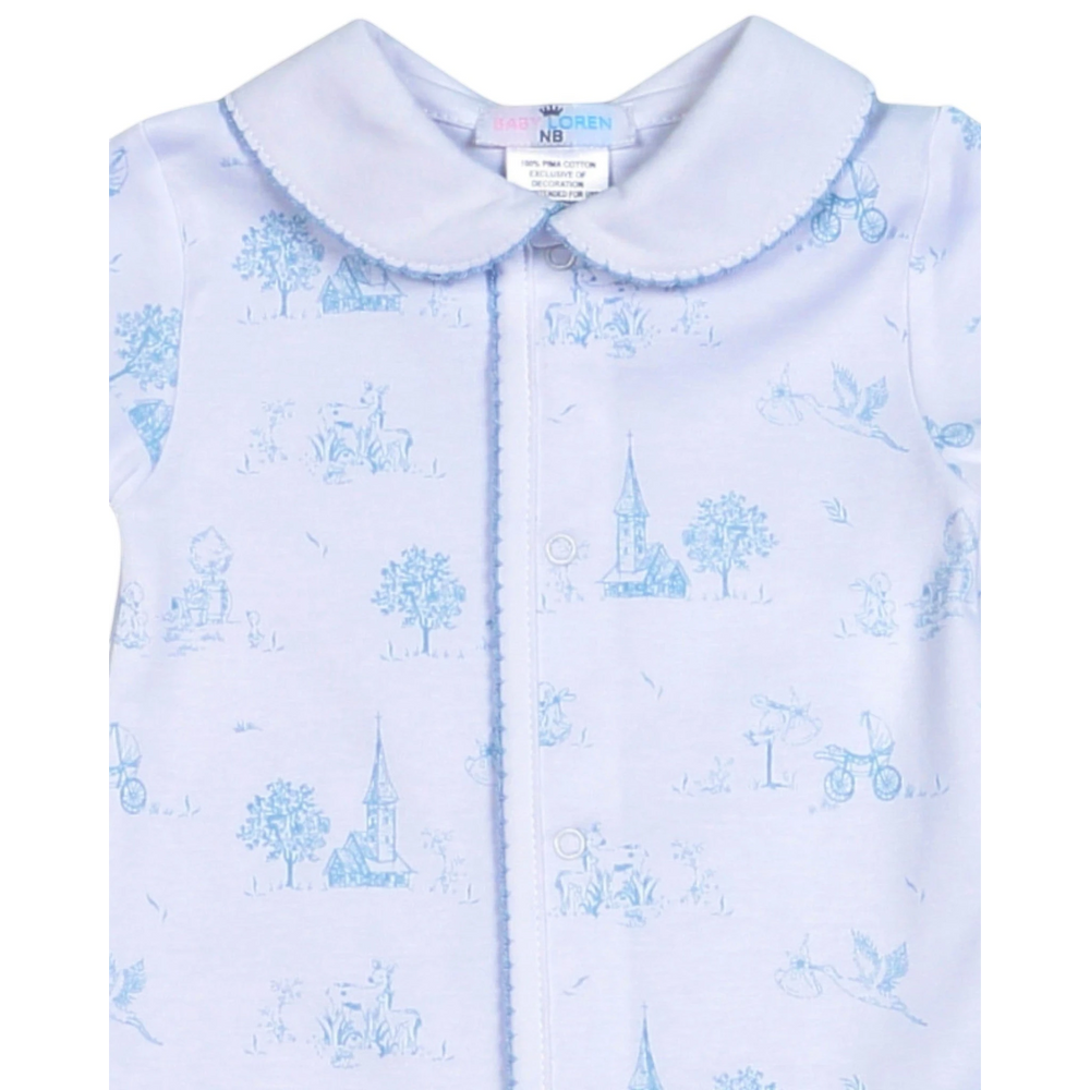 That Store blue toile print Pima cotton baby day gown with a scalloped Peter Pan collar and front snap closure.