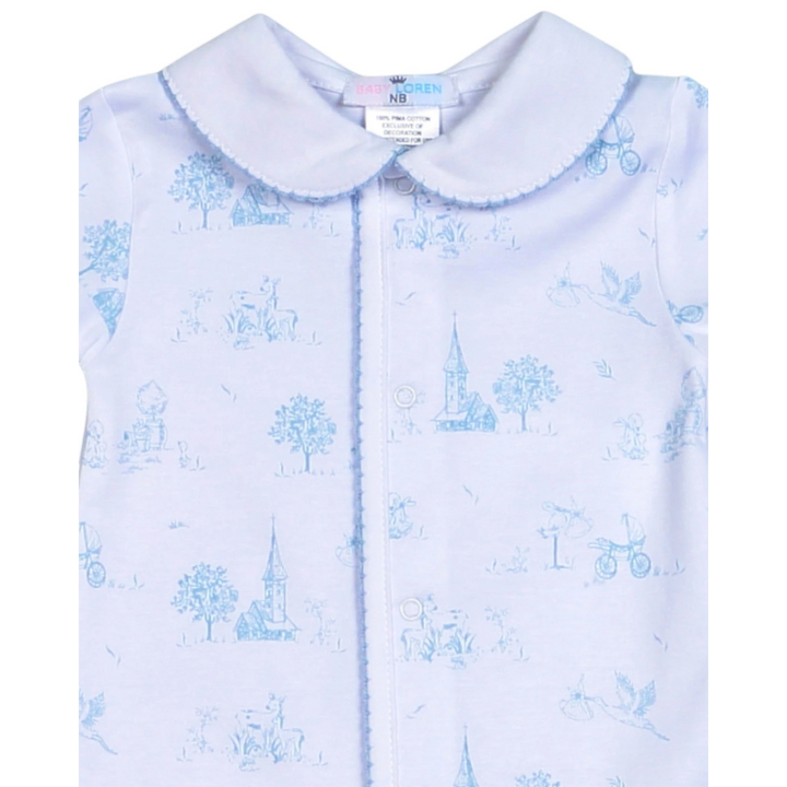 That Store blue toile print Pima cotton baby day gown with a scalloped Peter Pan collar and front snap closure.
