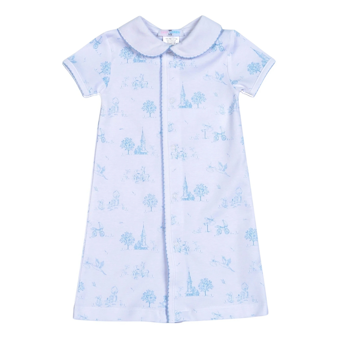 That Store blue toile print Pima cotton baby day gown with a classic rounded collar and short sleeves.
