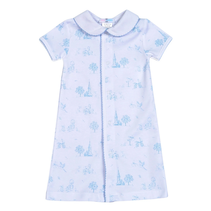That Store blue toile print Pima cotton baby day gown with a classic rounded collar and short sleeves.