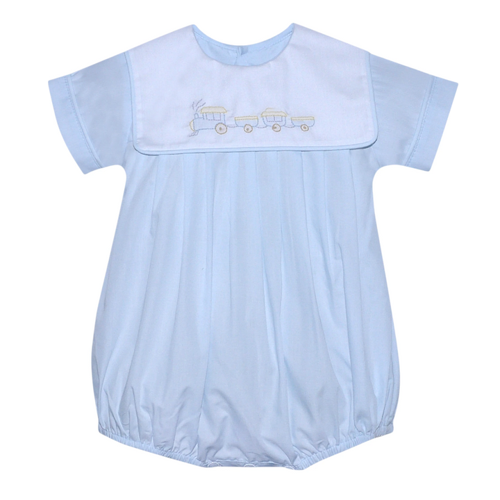 That Store blue baby boy bubble romper featuring a white collar with an embroidered train design and snap closures.