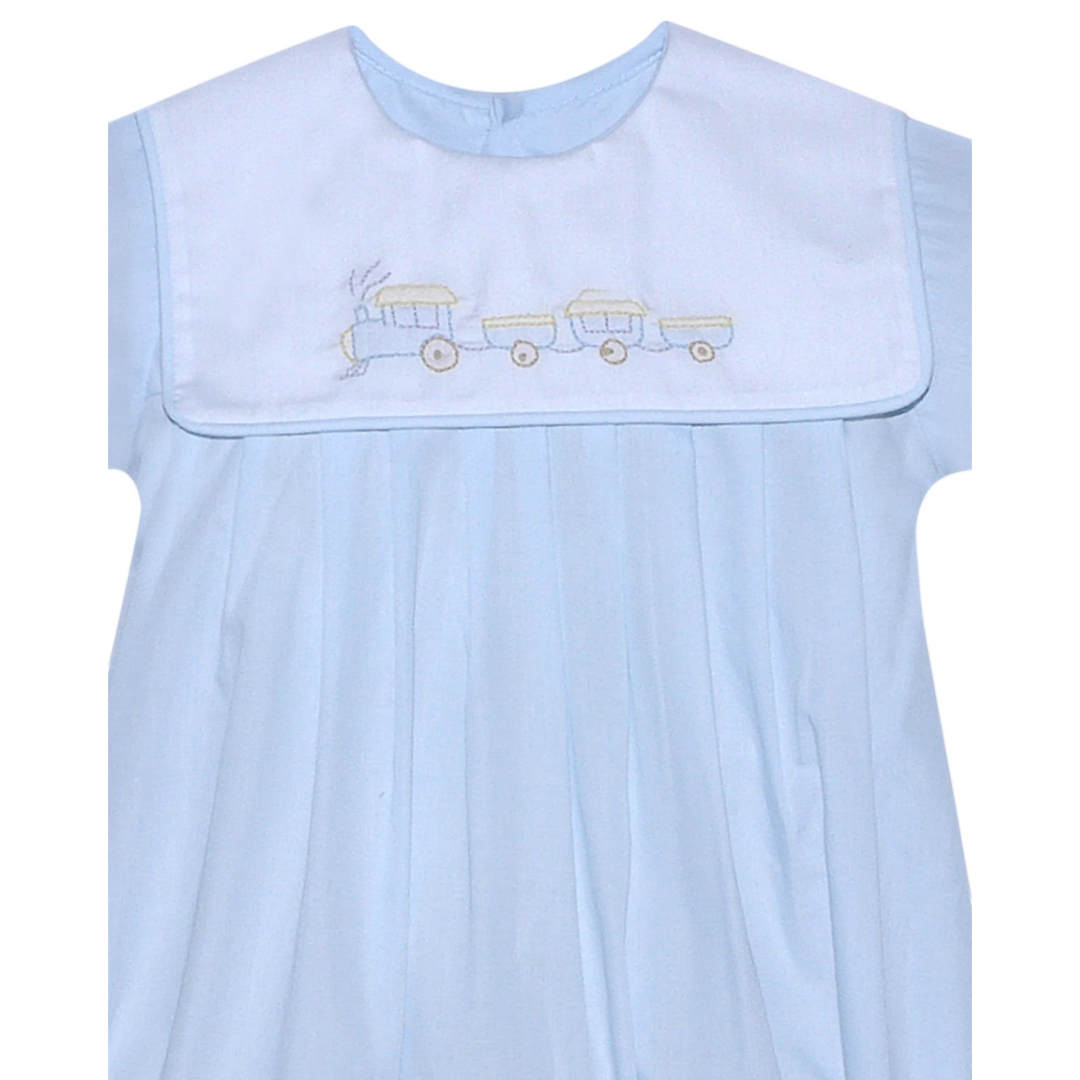 That Store light blue baby boy bubble with a white collar and embroidered train detail in polyester cotton blend