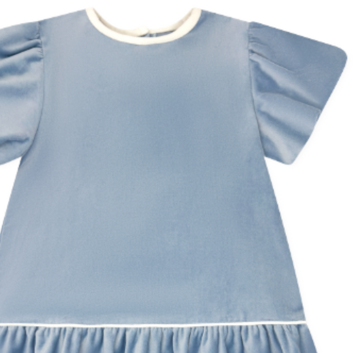 That Store Beaufort blue velvet dress with winter white trim and ruffled drop waist for holiday portraits