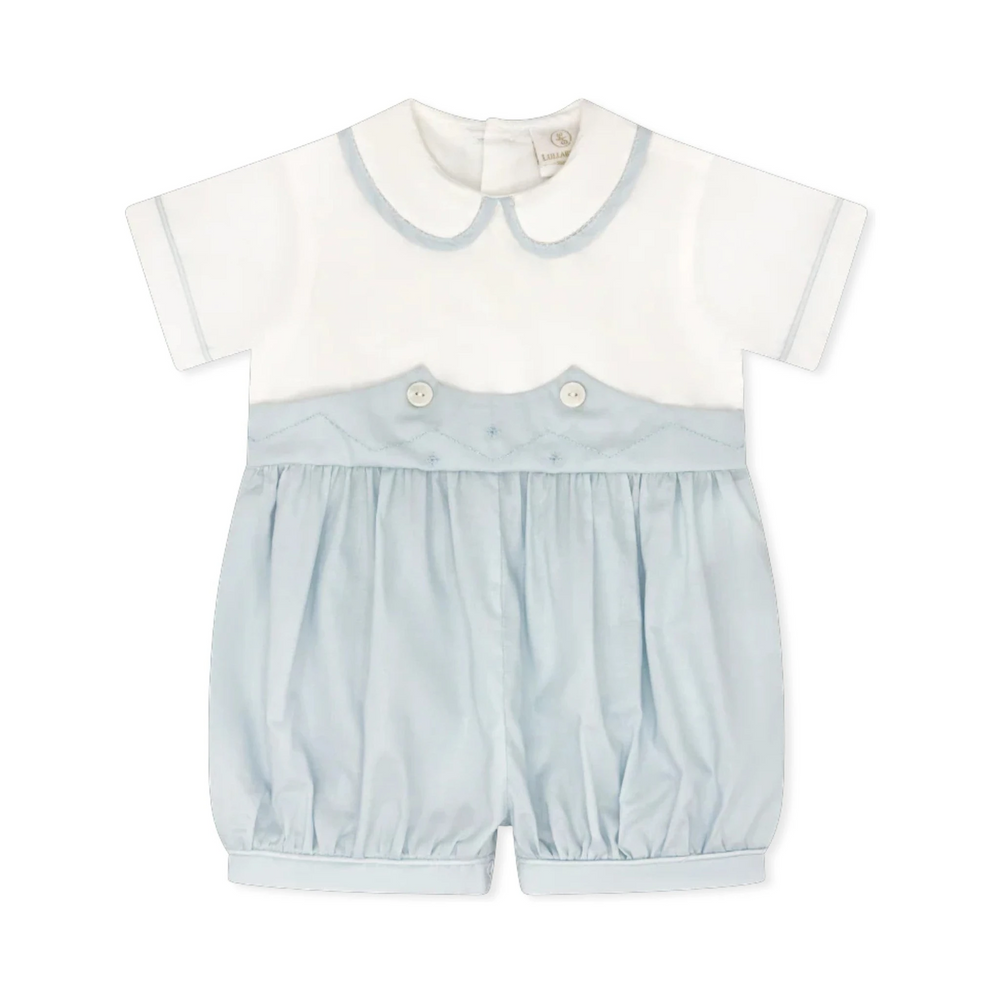 That Store baby boy bubble romper in blue and white batiste fabric with a Peter Pan collar and button details