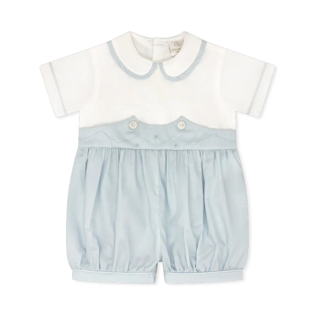 That Store baby boy bubble romper in blue and white batiste fabric with a Peter Pan collar and button details