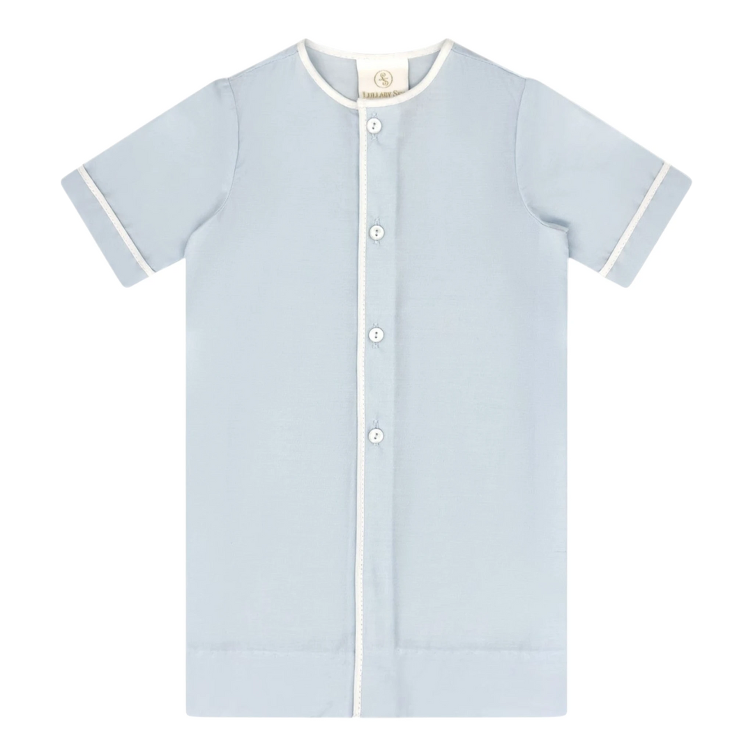 That Store light blue woven newborn daygown with white piping and front button closure for baby boys.