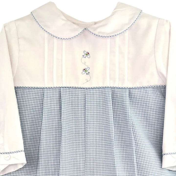 That Store boys longall in blue mini check with white collar and embroidered airplane detail