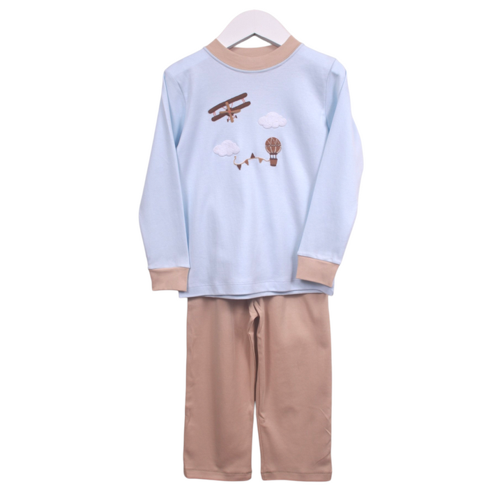 That Store boys two-piece pant set in blue and beige Pima cotton with airplane and hot air balloon applique design.