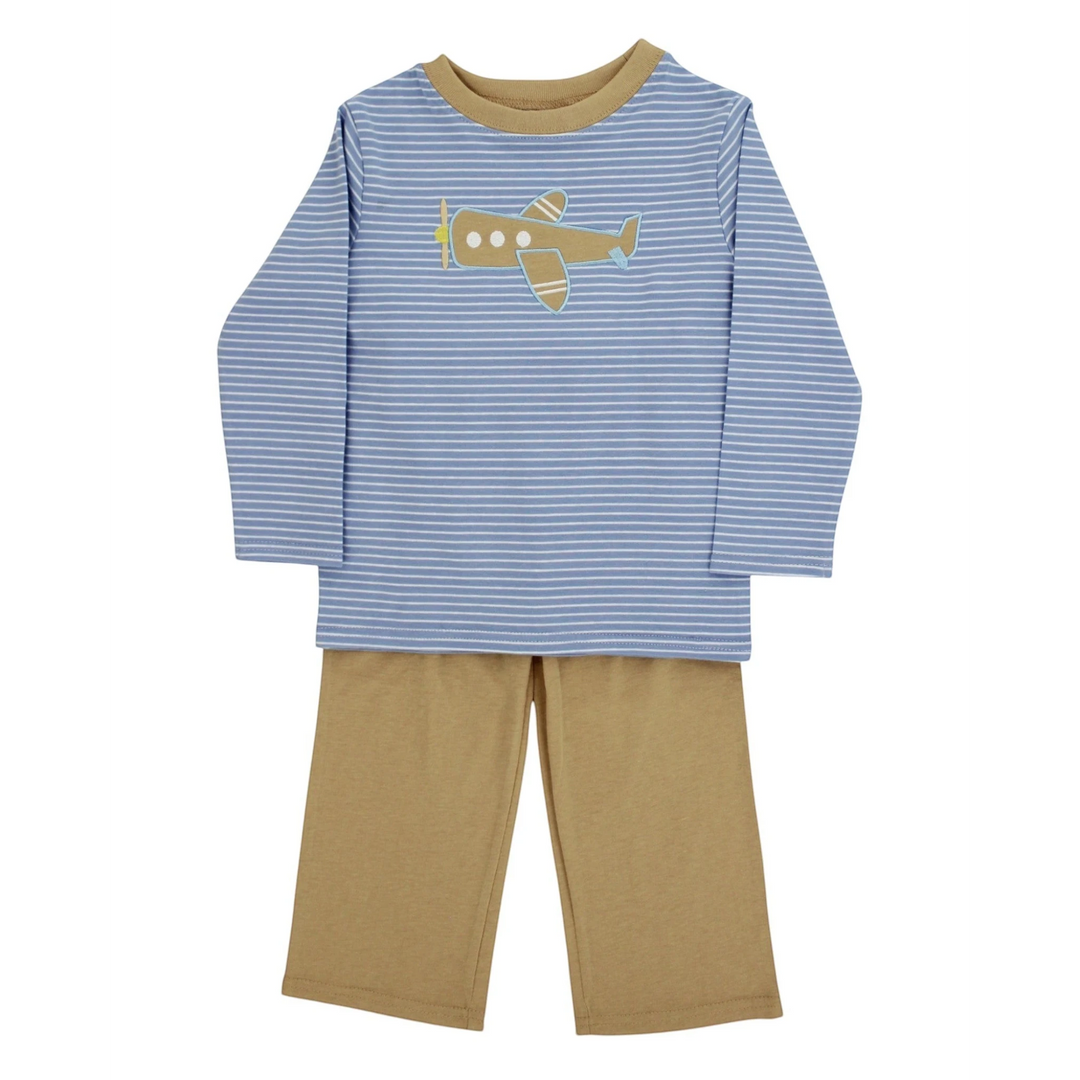 That Store boys pant set with a blue and white striped long sleeve shirt featuring an airplane applique and tan pants.