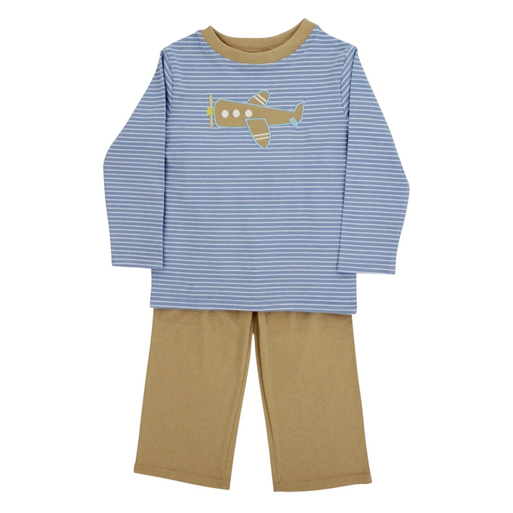 That Store boys pant set with a blue and white striped long sleeve shirt featuring an airplane applique and tan pants.