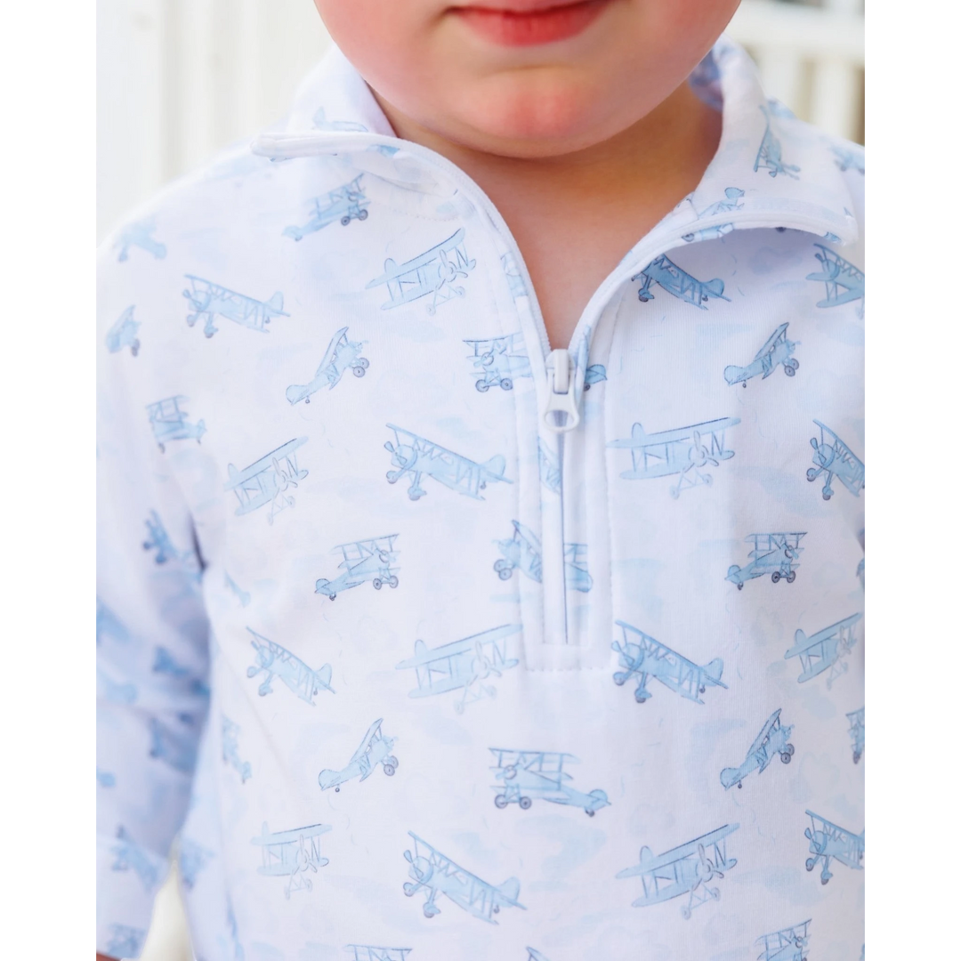 That Store boys blue airplane print 1/4 zip pullover made from soft cotton spandex blend