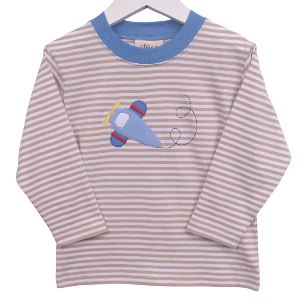 That Store boys long sleeve tee in brown stripes with a blue airplane applique and contrasting blue crew neck.