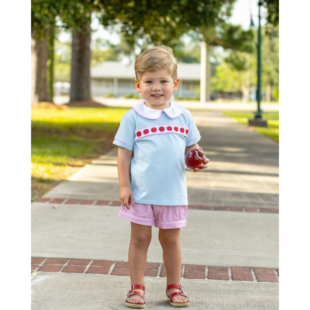 That Store boys short set in light blue with red apple ribbon banding and red gingham shorts worn by a young boy