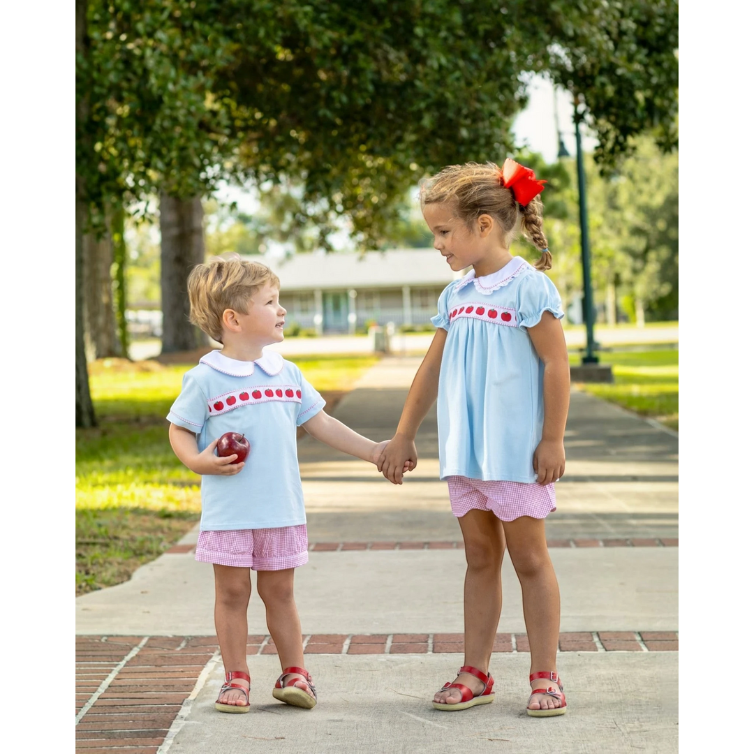 That Store boys short set in light blue cotton with apple ribbon banding and pink gingham shorts on a young boy