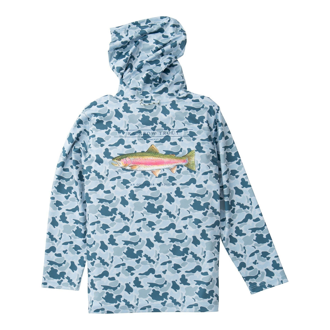 That Store boys' long-sleeve performance hoodie in cool blue camo print with a rainbow trout graphic on the back.