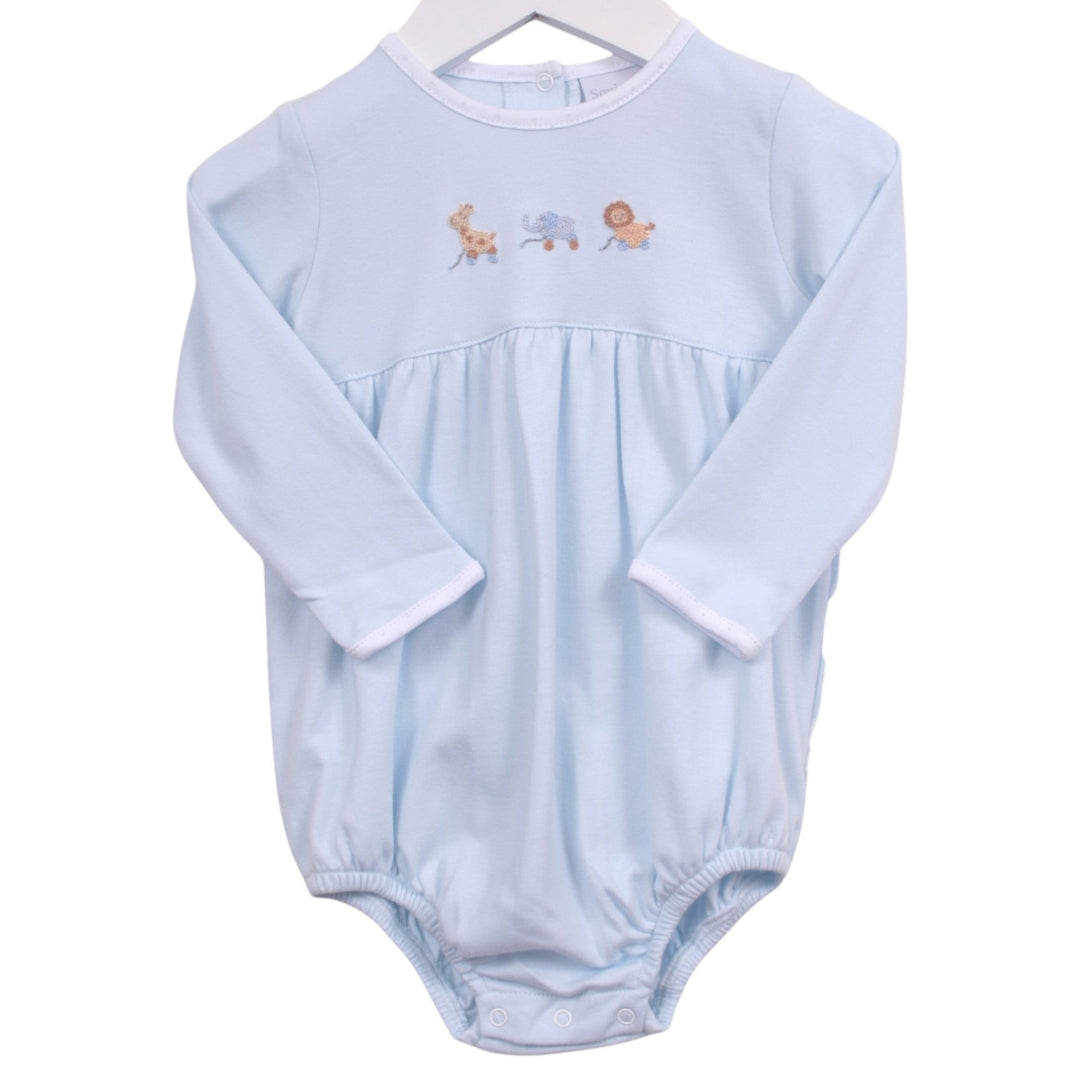 That Store boys blue Pima cotton bubble featuring embroidered giraffe, elephant, and lion pull toy designs.
