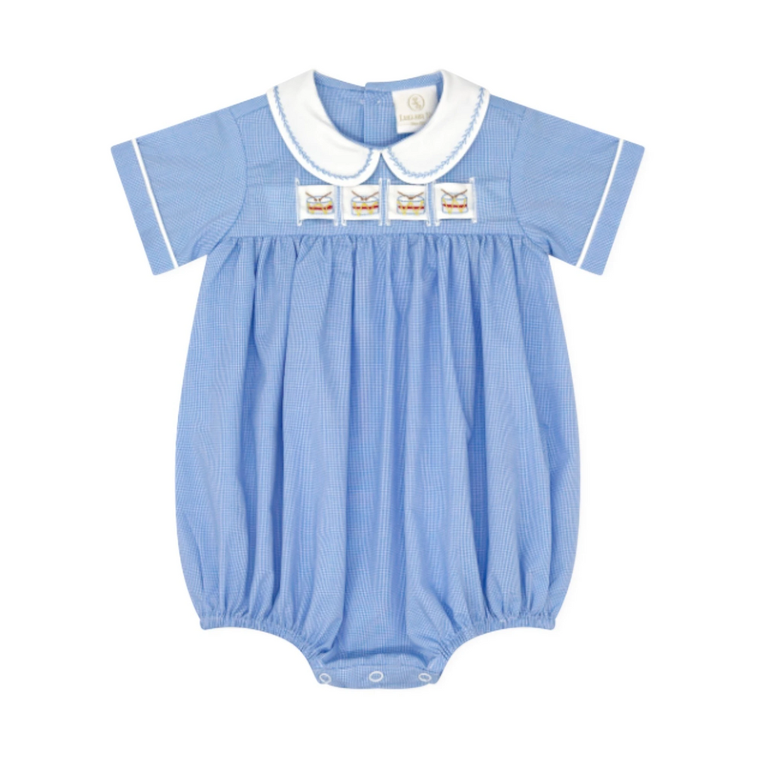 That Store boys blue gingham bubble romper with white peter pan collar and interchangeable drum ribbon detail