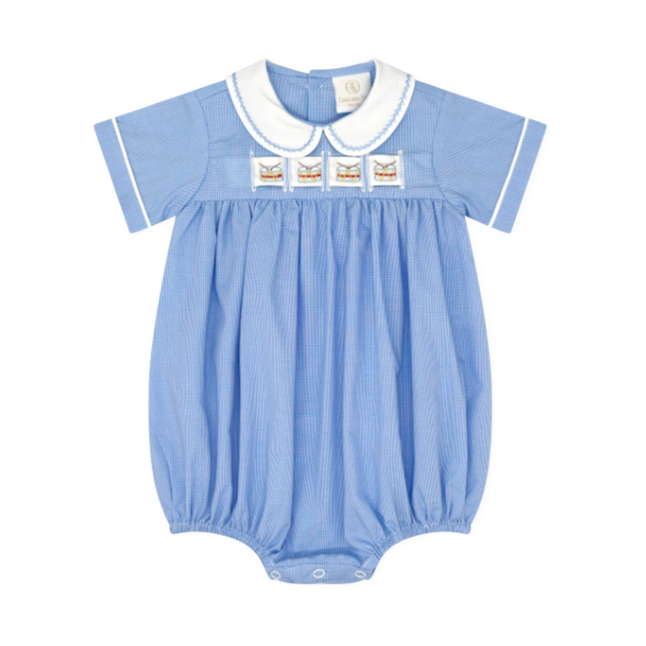 That Store boys blue gingham bubble romper with white peter pan collar and interchangeable drum ribbon detail