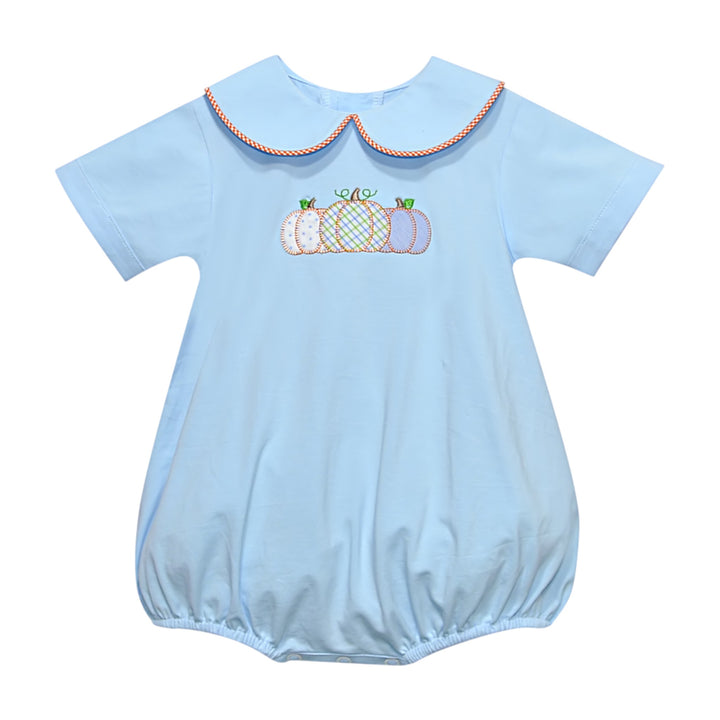 That Store boys blue cotton bubble featuring a pumpkin applique design and a gingham trimmed peter pan collar.