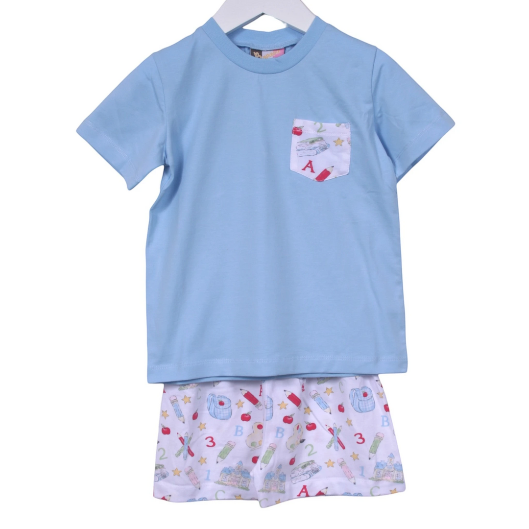 That Store boys blue short set with pocket tee and school-themed print shorts for back to school comfort.