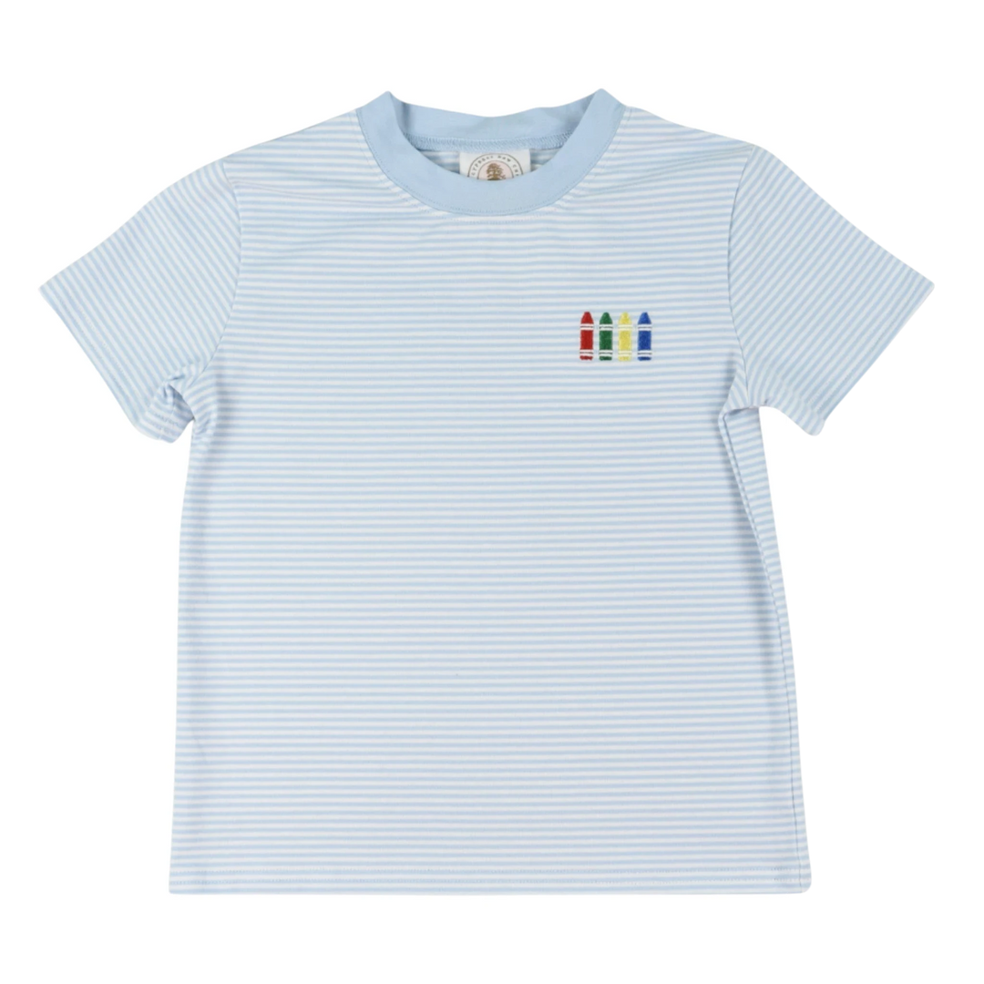 That Store boys blue striped short sleeve tee with embroidered crayon detail on the chest