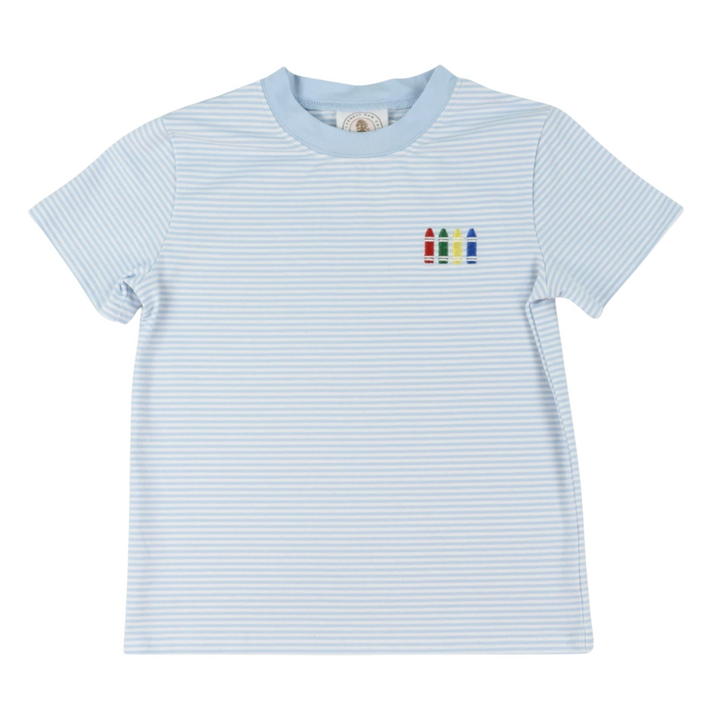 That Store boys blue striped short sleeve tee with embroidered crayon detail on the chest